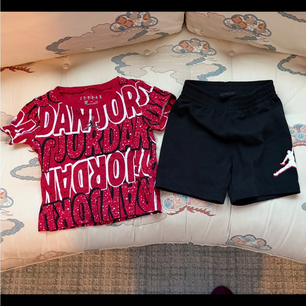 Jordan Red and White Graphic Tee and Black Shorts Set EUC